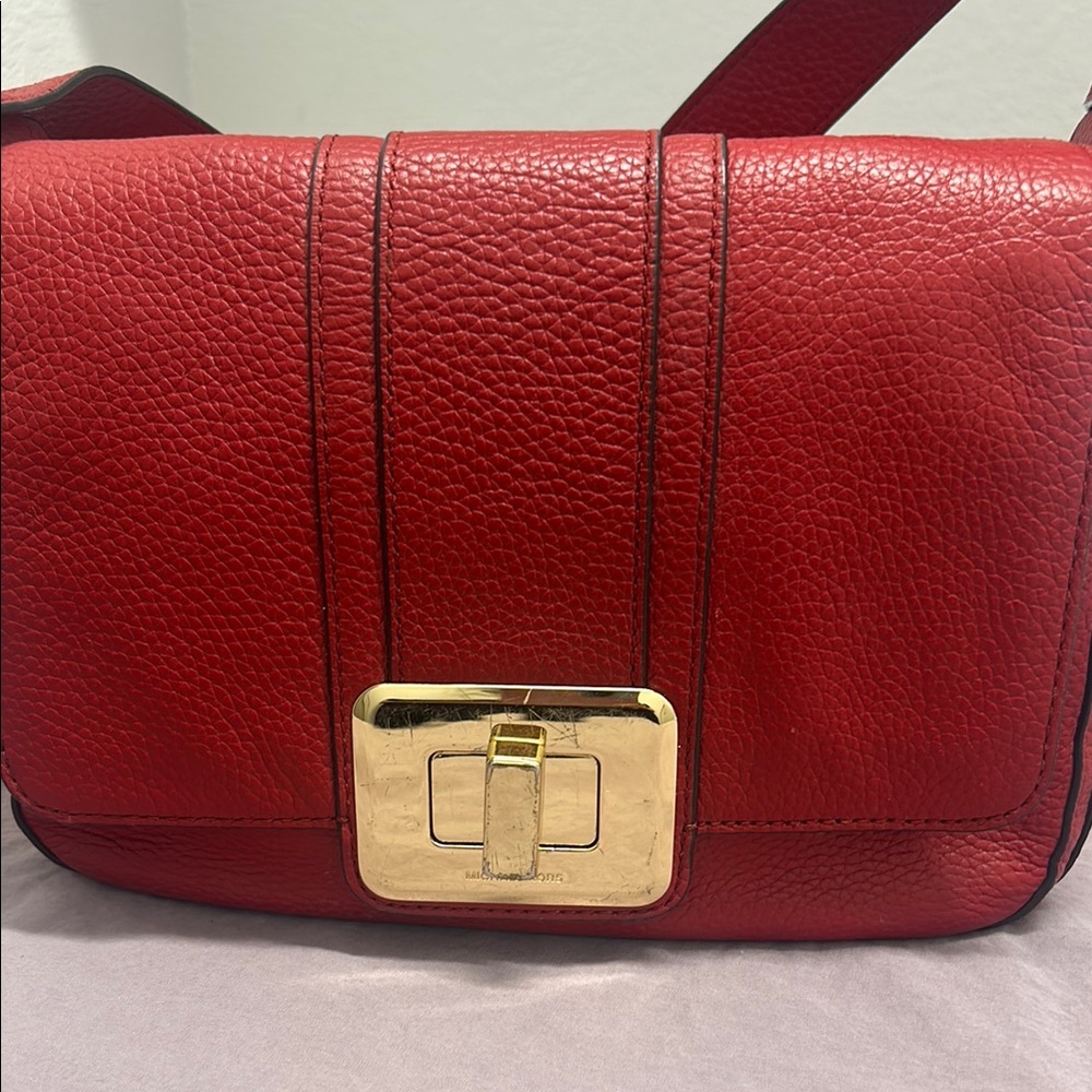 Michael Kors Cherry Red Shoulder Bag with Gold Accent EUC